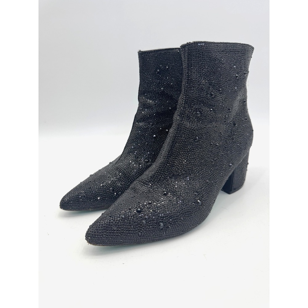 Betsey Johnson Kyla Black Glass Beaded Stones Chunky Ankle Boot 10M Glam Sparkle